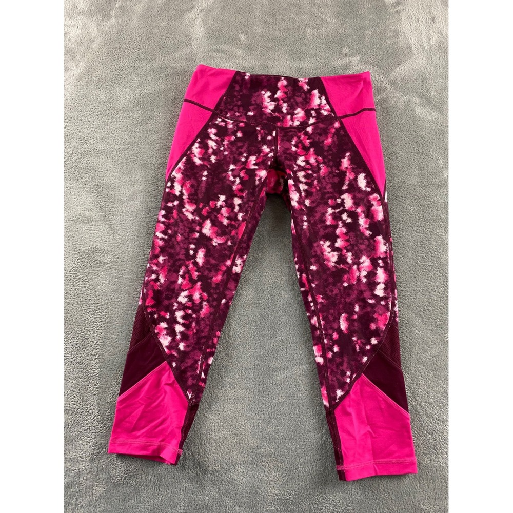 Zella Womens Pink Burgundy Abstract Print Mesh Crop Leggings Sz Small Activewear